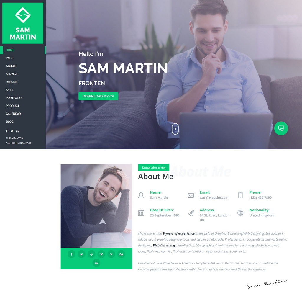 Sam Martin – Personal vCard Resume WordPress Theme